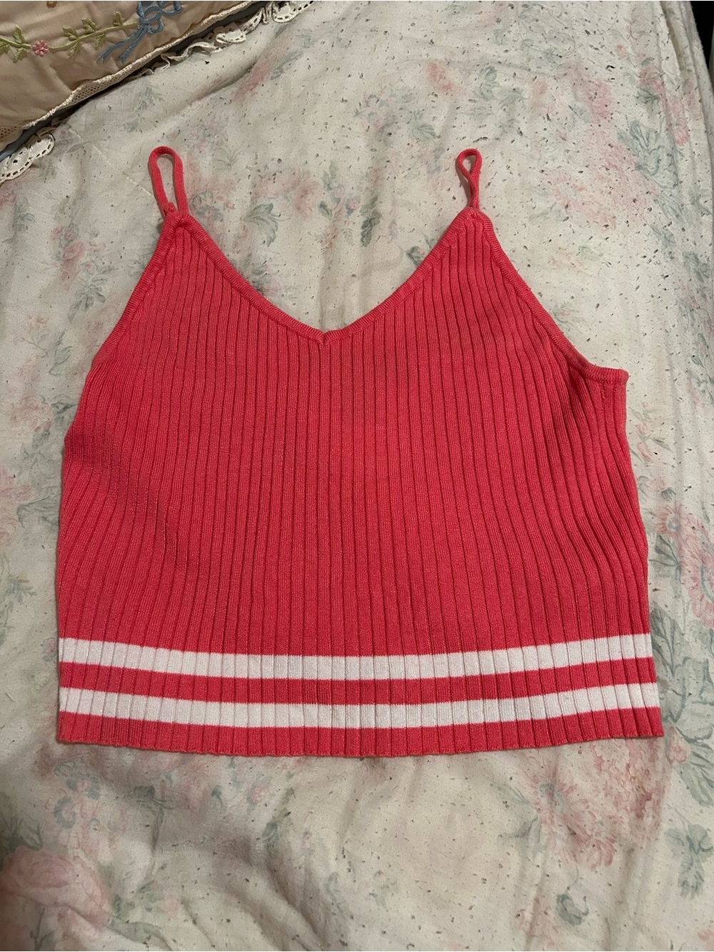Forever 21 Coral Ribbed V-Neck Camisole with White Stripes
